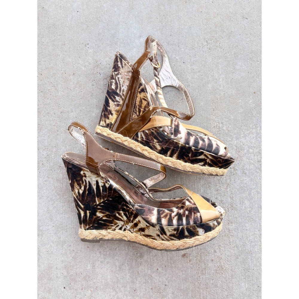 Y2K Baby Phat Women Animal Palm Print Wedge Espadrille Platform Sandals 9.5 - Picture 4 of 5